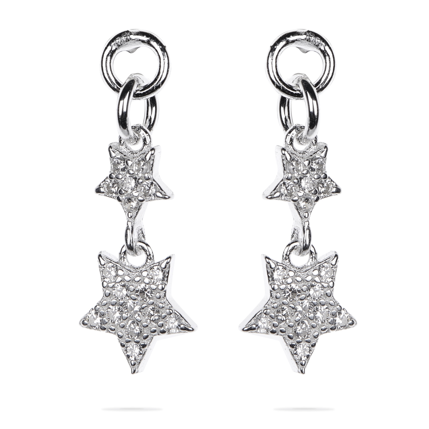 Boucles d'oreilles pendantes au motif de deux étoiles en argent 925/000 rhodié pavées d'oxydes de zirconium blancs. Etoile Pendantes Strass  Adolescent Adulte Femme Fille Indémodable Nature 