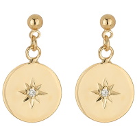 Boucles d'oreilles pendantes composées d'une puce boule et d'une pastille ronde avec le motif d'une étoile en plaqué or jaune 18 carats et sertie d'un oxyde de zirconium blanc.