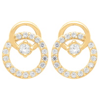 Boucles d'oreilles pendantes composées de double cercles en plaqué or jaune 18 carats dont un pavé d'oxydes de zirconium blancs et surmontées d'un oxyde de zirconium blanc serti 4 griffes.