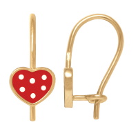 Boucles d'oreilles pendantes pour enfant au motif de cœur à pois en plaqué or jaune 18 carats et en émail de couleur rouge et blanche.