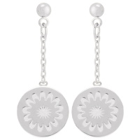 Boucles d'oreilles pendantes en argent 925/000 rhodié composées d'une chaînette et d'une pastille ronde avec le motif gravé d'une fleur.