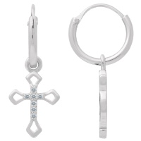 Boucles d'oreilles créoles en argent 925/000 rhodié avec pendant croix pavée d'oxydes de zirconium blancs.