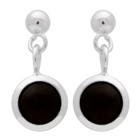 Boucles d'oreilles créoles en argent 925/000 rhodié avec pendant serti d'un cabochon de couleur noire de forme ronde.