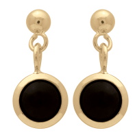 Boucles d'oreilles créoles en plaqué or jaune 18 carats avec pendant serti d'un cabochon de couleur noire de forme ronde.