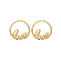 Boucles d'oreilles en forme de cercle avec le mot love en plaqué or jaune 18 carats.