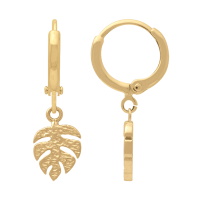 Boucles d'oreilles créoles avec pendant en forme de feuille de monstera en plaqué or jaune 18 carats.