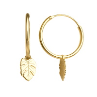 Boucles d'oreilles créoles avec une pampille feuille philodendron en plaqué or jaune 18 carats.