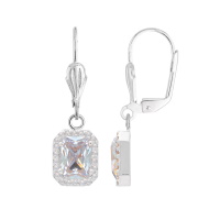 Boucles d'oreilles dormeuses pendantes en argent 925/000 rhodié avec un oxyde de zirconium blanc serti clos de forme rectangulaire entouré d'un pavage d'oxydes de zirconium blancs.