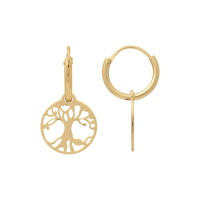 Boucles d'oreilles créoles avec pendant arbre de vie en plaqué or jaune 18 carats.