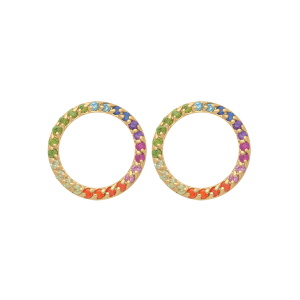 Boucles d'oreilles pendantes en forme de cercle en plaqué or jaune 18 carats pavées d'oxydes de zirconium multicolores.