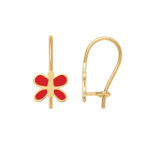 Boucles d'oreilles créoles en plaqué or jaune 18 carats avec un papillon pavé d'émail rouge.