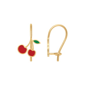 Boucles d'oreilles pendantes en plaqué or jaune 18 carats avec des cerises pavées d'émail de couleur.