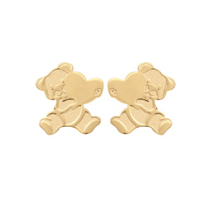 Boucles d'oreilles puces en forme d'ourson portant un cœur en plaqué or jaune 18 carats.
