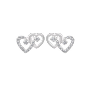 Boucles d'oreilles puces en forme de cœurs entrelacés en argent 925 rhodié serties d'oxydes de zirconium blancs.