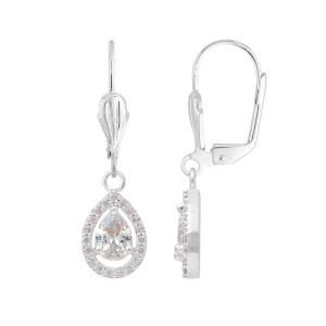 Boucles d'oreilles dormeuses en argent 925 rhodié avec un pendant serti d'un oxyde de zirconium blanc en forme de goutte entouré d'oxydes de zirconium blancs.