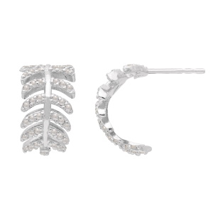 Boucles d'oreilles créoles en forme de feuilles de laurier en argent 925 rhodié serties d'oxydes de zirconium blancs.