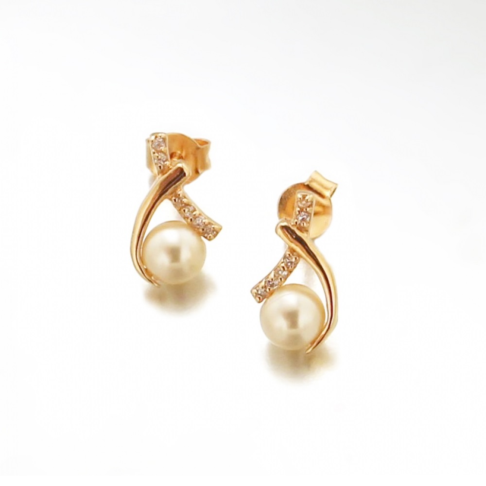 Boucles d'oreilles en plaqué or, perles synthétiques et oxyde de zirconium. Boule Pendantes Perle  Adolescent Adulte Femme Fille Indémodable 