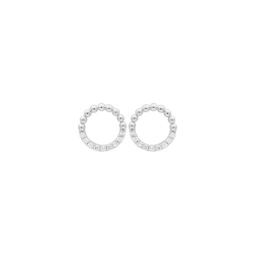 Boucles d'oreilles cercle boules en argent 925/000 rhodié pavé en partie d'oxydes de zirconium blancs. Cercle Strass  Adolescent Adulte Femme Fille Indémodable 