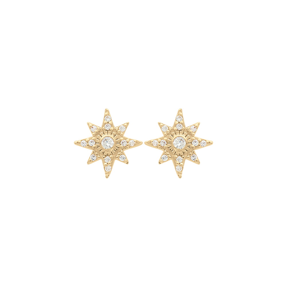 Boucles d'oreilles puces au motif d'étoile en plaqué or jaune 18 carats pavées d'oxydes de zirconium blancs. Etoile Puce Strass  Adolescent Adulte Femme Fille Indémodable Nature 