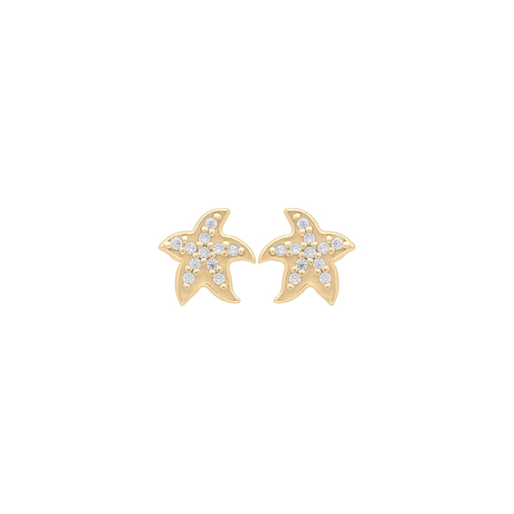 Boucles d'oreilles puces au motif d'étoile de mer en plaqué or jaune 18 carats pavées d'oxydes de zirconium blancs. Etoile Strass  Adolescent Adulte Animaux Eté Femme Fille Nature 