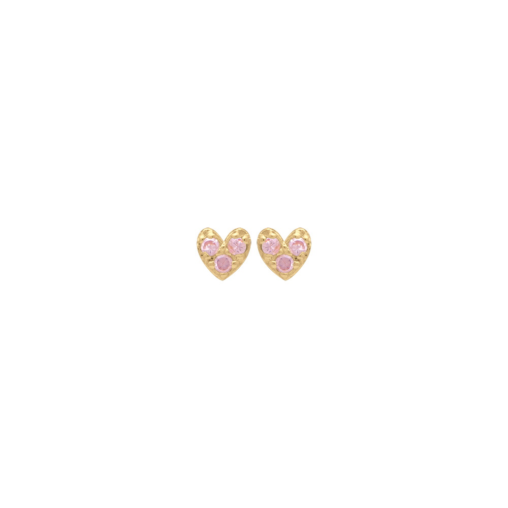 Boucles d'oreilles puces en forme de cœur en plaqué or jaune 18 carats serties de 3 oxydes de zirconium roses. Coeur Puce Strass  Adolescent Adulte Amour Femme Fille Indémodable 