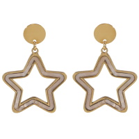 Boucles d'oreilles pendantes composées d'une pastille ronde et d'une étoile en acier doré incrustée de nacre.