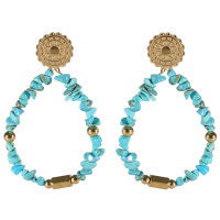 Boucles d'oreilles pendantes composées d'une pastille ronde avec motifs en acier doré et d'un cercle ovale surmonté de perles en acier doré et de perles en véritable pierre de turquoise.