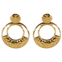 Boucles d'oreilles pendantes composées d'une pastille et d'un cercle martelée en acier doré.