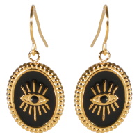 Boucles d'oreilles pendantes composées d'une pastille ovale avec œil de Turquie en acier doré et pavée d'émail de couleur noire.