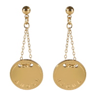 Boucles d'oreilles pendantes en acier doré composées d'une puce ronde, d'une chaînette et d'une pastille ronde avec l'inscription AMOUR.