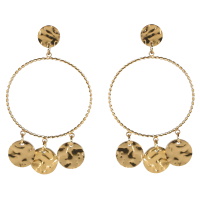 Boucles d'oreilles pendantes en acier doré composées d'une puce ronde martelée, d'un cercle et de 3 pampilles rondes martelées.