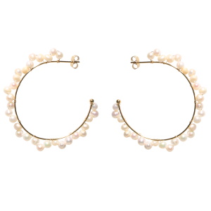 Boucles d'oreilles créoles ouvertes en acier doré surmontées de perles d'imitation.