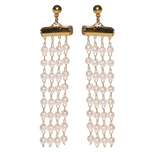 Boucles d'oreilles pendantes en acier doré avec franges de perles d'imitation.