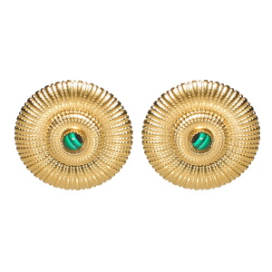 Boucles d'oreilles rondes en forme de fleur en acier doré serties d'un cabochon en véritable pierre de malachite.