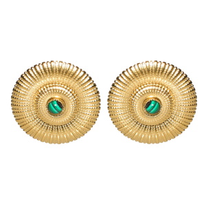 Boucles d'oreilles rondes en forme de fleur en acier doré serties d'un cabochon en véritable pierre de malachite.