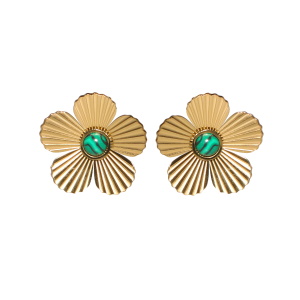 Boucles d'oreilles pendantes en forme de fleur en acier doré serties d'un cabochon en véritable pierre de malachite.
