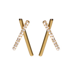Boucles d'oreilles pendantes composées de barres en forme de X en acier doré et pavées de strass.