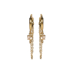 Boucles d'oreilles créoles en acier doré avec deux chaînes et un pendant serti d'un cristal serti griffes.