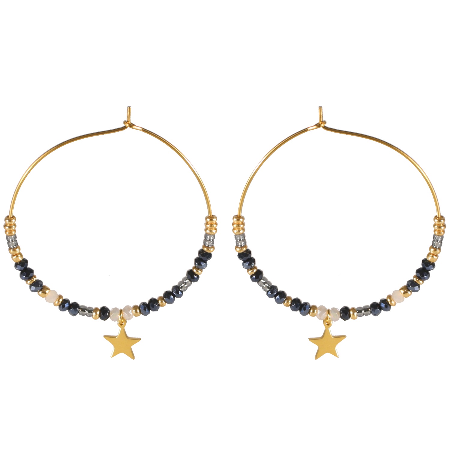 Boucles d'oreilles créoles avec étoiles pendantes en acier doré surmontées de perles de couleur. Créoles Etoile Pendantes Perle  Adolescent Adulte Femme Fille Indémodable Nature 
