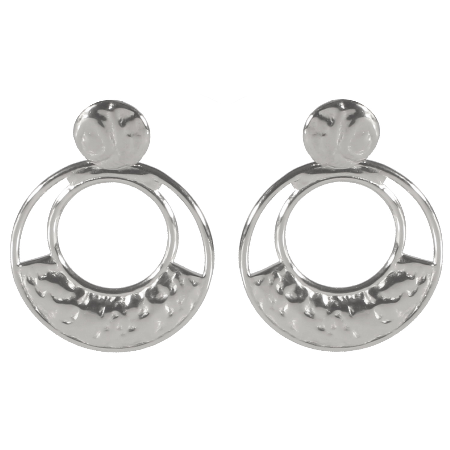 Boucles d'oreilles pendantes composées d'une pastille et d'un cercle martelée en acier argenté. Cercle Pendantes Rond  Adolescent Adulte Femme Fille Indémodable 