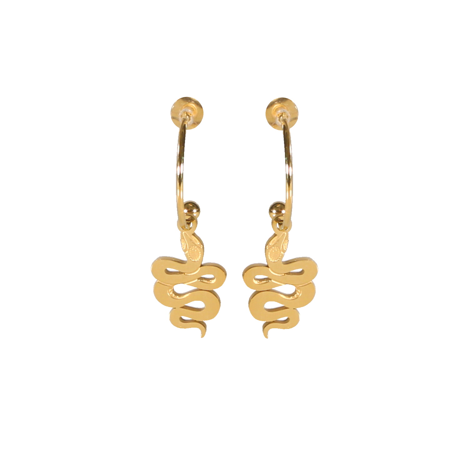 Boucles d'oreilles créoles ouvertes avec pendant en forme de serpent en acier doré. Créoles Pendantes Serpent  Adolescent Adulte Animaux Femme Fille Indémodable 