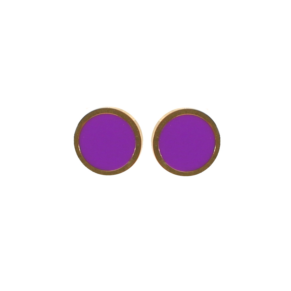 Boucles d'oreilles puces rondes en acier doré pavées d'émail de couleur violette. Puce Rond  Adolescent Adulte Femme Fille Indémodable 