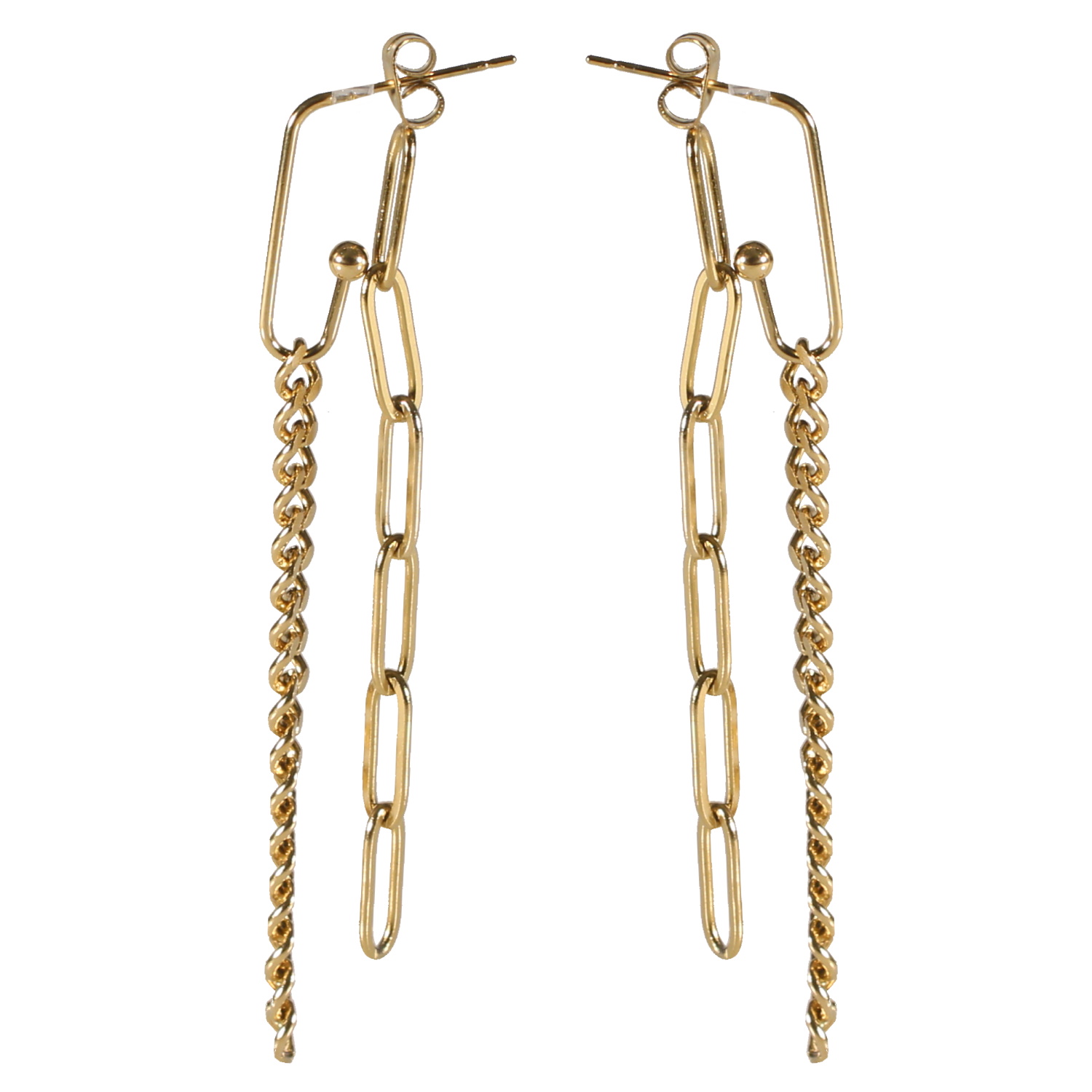 Boucles d'oreilles pendantes composées de double chaînettes en acier doré. Pendantes  Adolescent Adulte Femme Fille Indémodable 