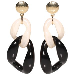 Boucles d'oreilles pendantes fantaisies composées d'une pastille ronde en métal doré et de maillons de chaîne de couleur blanche et noire.