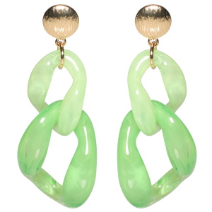 Boucles d'oreilles pendantes fantaisies composées d'une pastille ronde en métal doré et de maillons de chaîne de couleur verte.