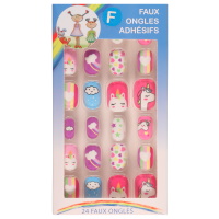 Lot de 24 faux ongles adhésifs pour enfants avec dessins de licornes, cœurs, nuages et arc en ciel.