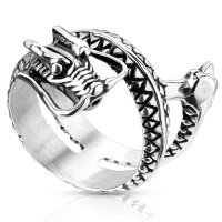 Bague au motif de dragon en acier argenté.