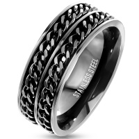 Bague pour homme au motif de 2 chaînes en acier 316L de couleur noire.