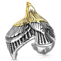 Bague ouverte pour homme en forme d'aigle en acier argenté et en acier doré.