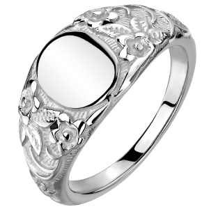 Bague avec motif florale en acier chirurgical 316L argenté.